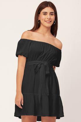 solid off shoulder rayon women's knee length dress - black