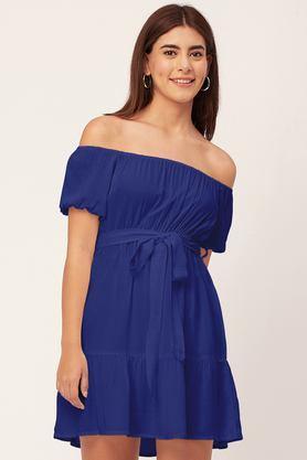 solid off shoulder rayon women's knee length dress - blue