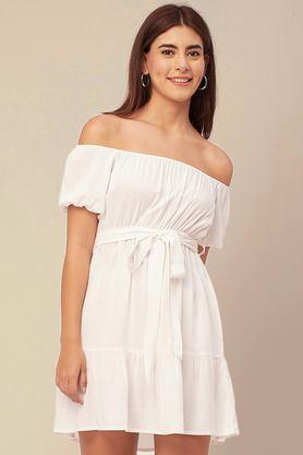 solid off shoulder rayon women's knee length dress - white