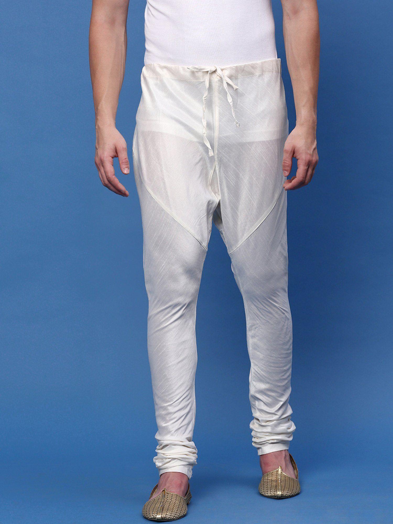 solid off-white art silk churidar pyjamas for men