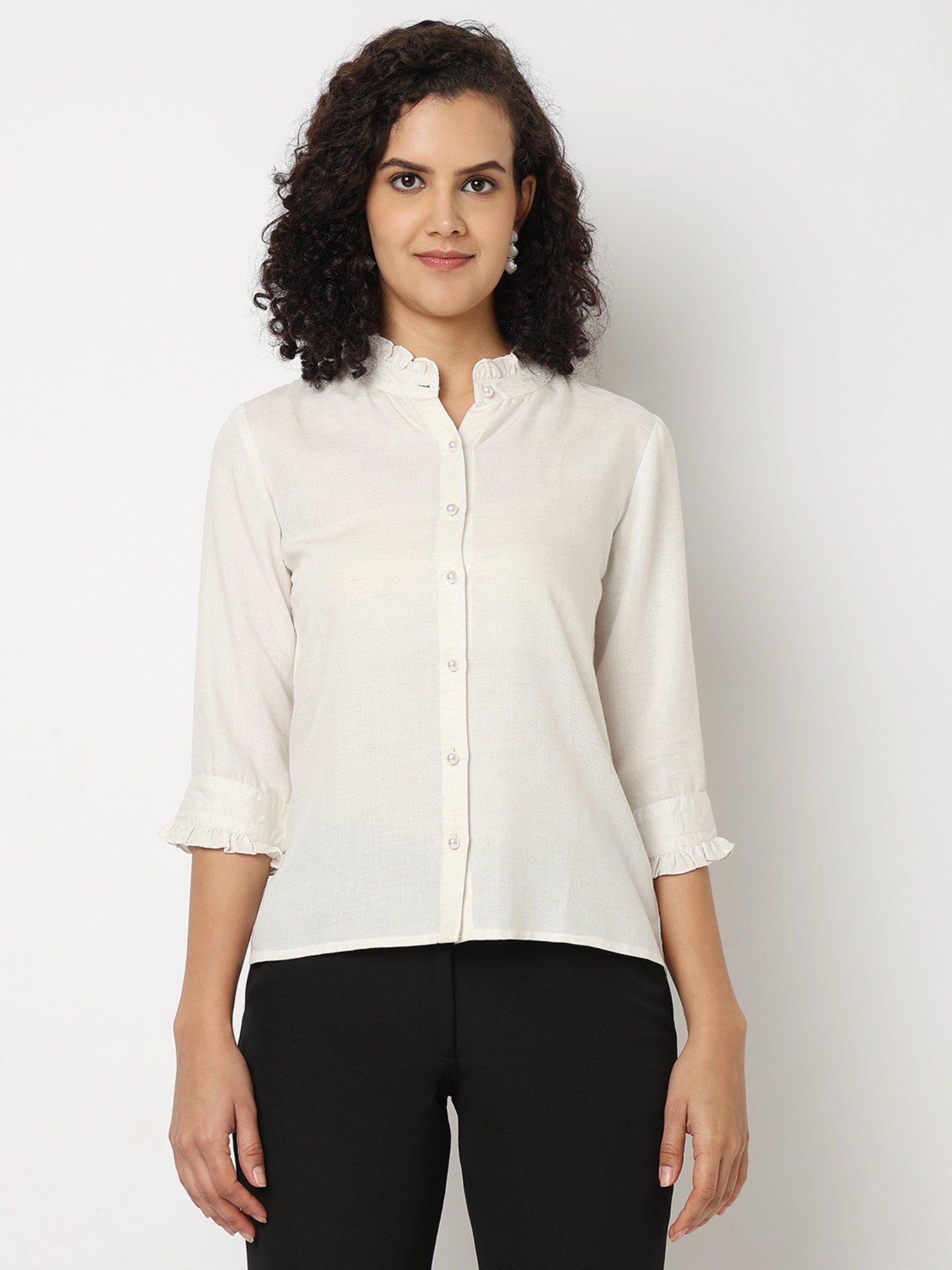 solid off white detailed neckline shirt