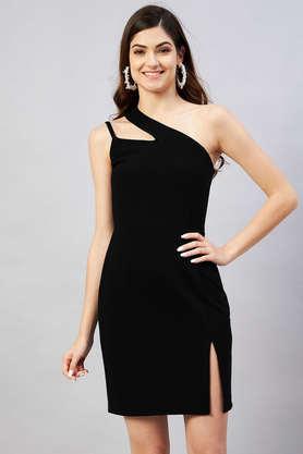 solid one shoulder poly blend women's mini dress - black