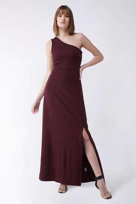 solid one shoulder polyester women's dress - maroon