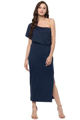 solid one shoulder polyester women's mid thigh dress - navy
