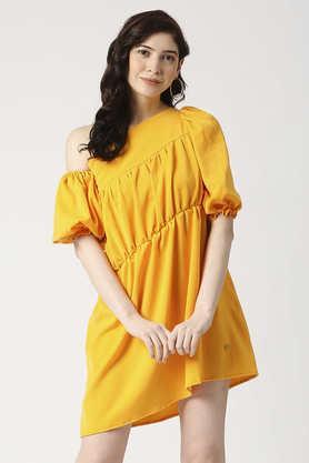 solid one shoulder viscose women's dress - mustard