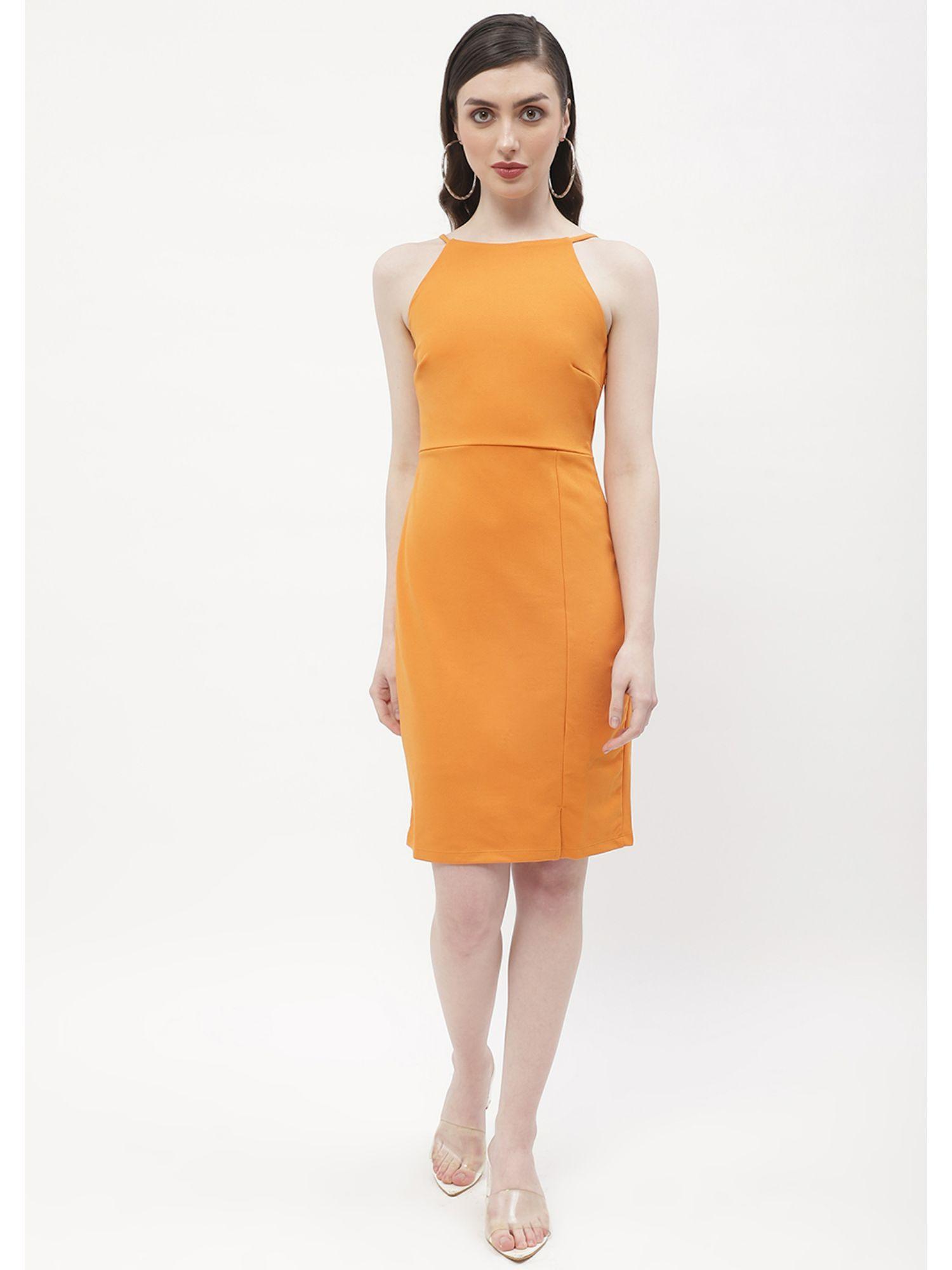 solid orange halter neck bodycon dress