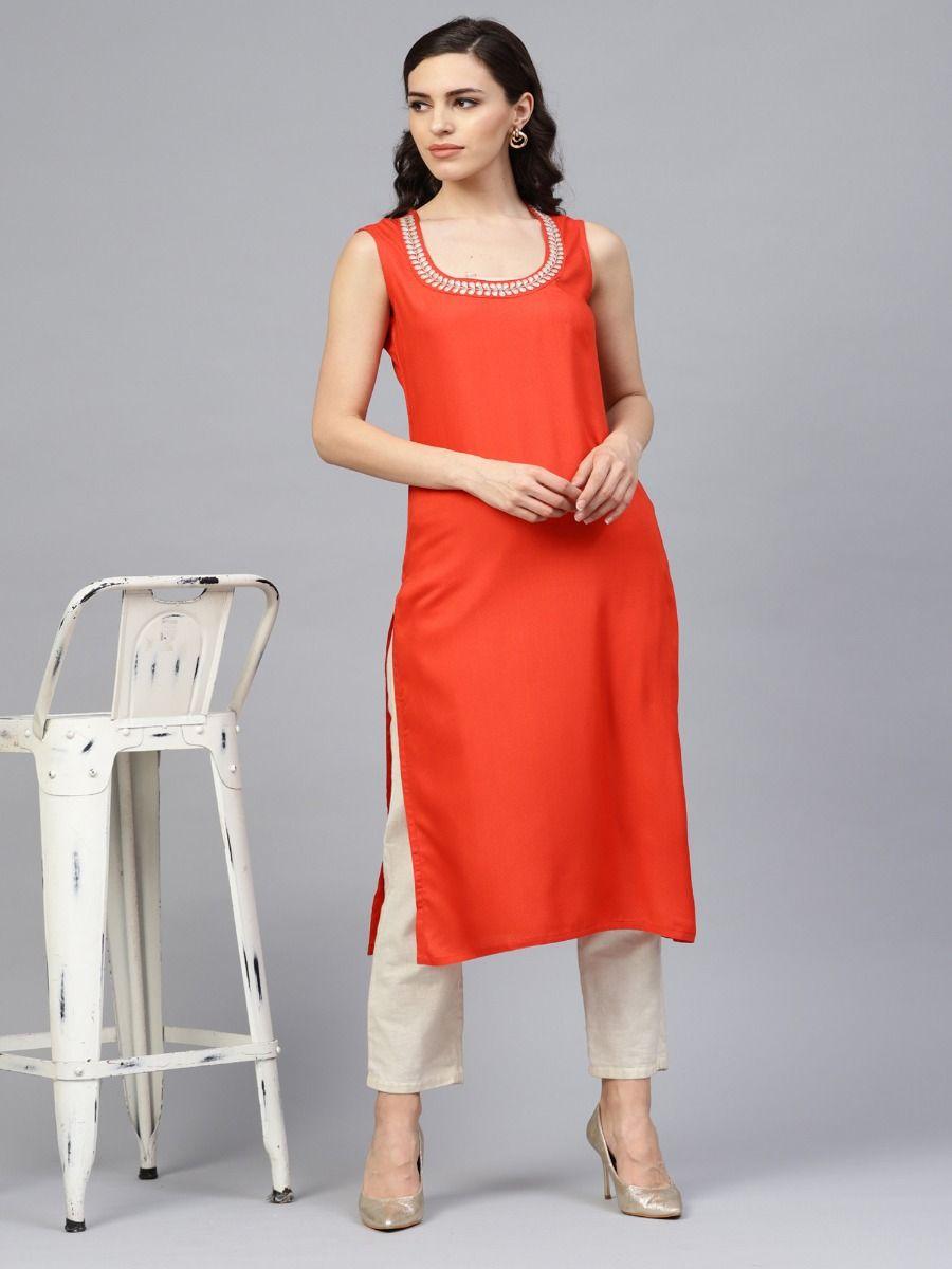 solid orange sleeveless straight rayon kurta