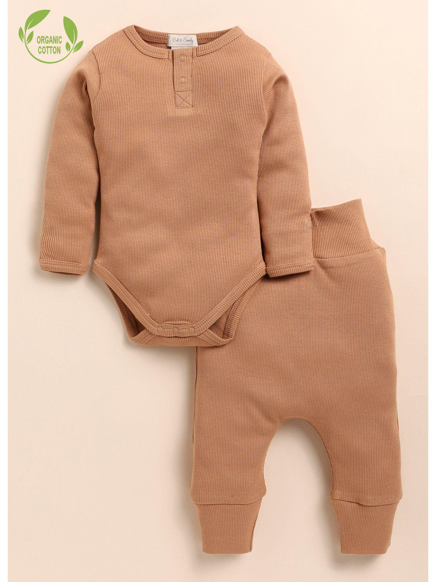 solid organic cotton brown kids romper & joggers (set of 2)