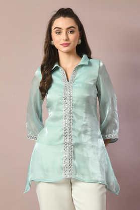 solid organza collared women's tunic - blue