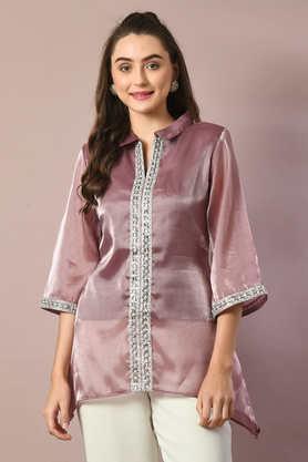 solid organza collared women's tunic - brown