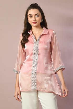 solid organza collared women's tunic - pink
