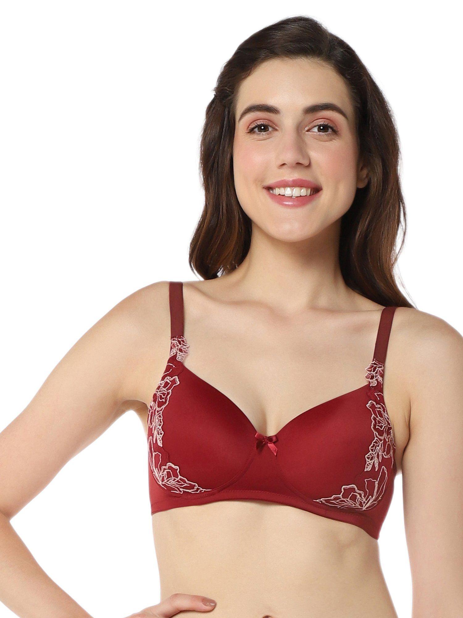 solid padded non-wired full coverage floral chic t-shirt bra- red