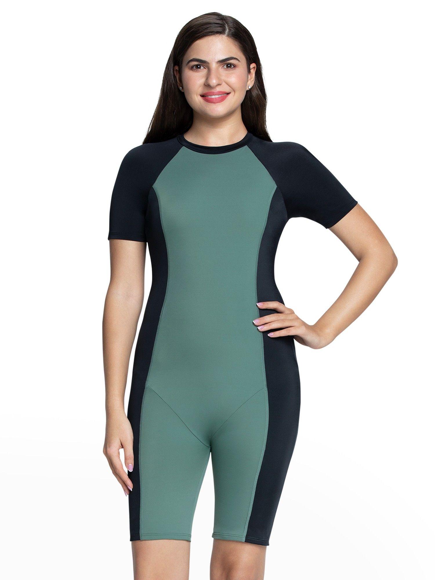 solid padded short sleeves leg suit with sleeves - green