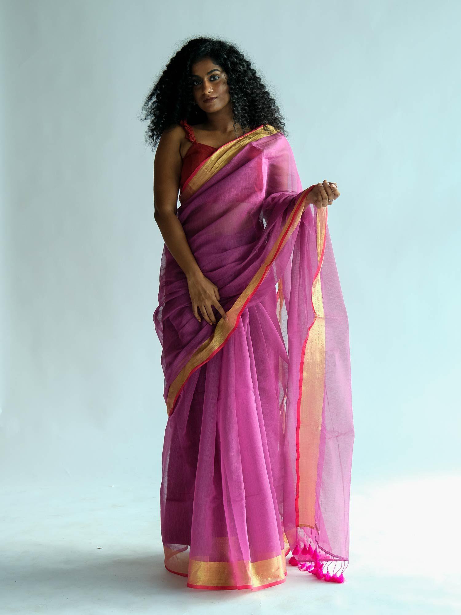 solid pink polyester zari saree