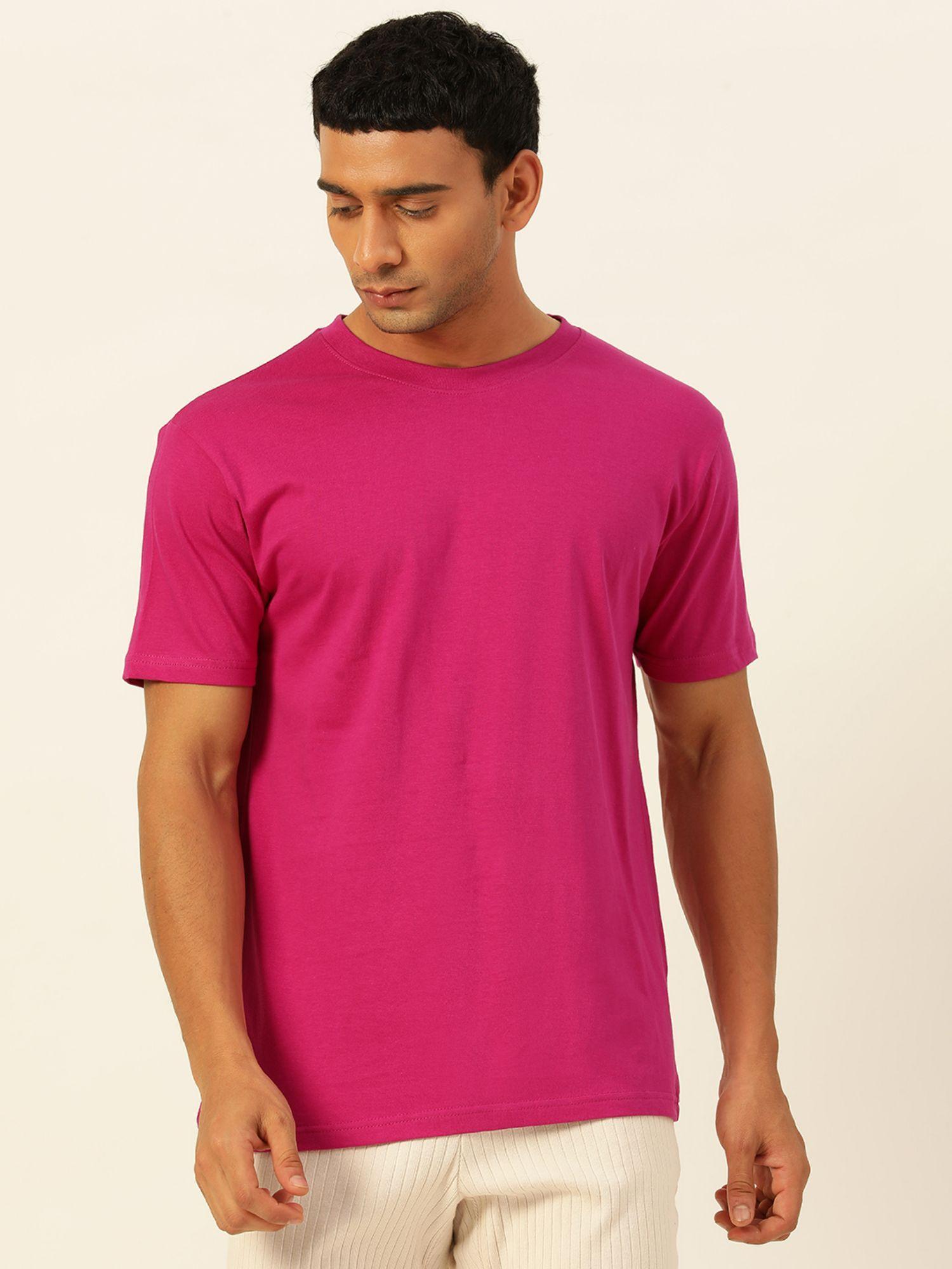 solid pink round neck cotton relaxed fit t shirt