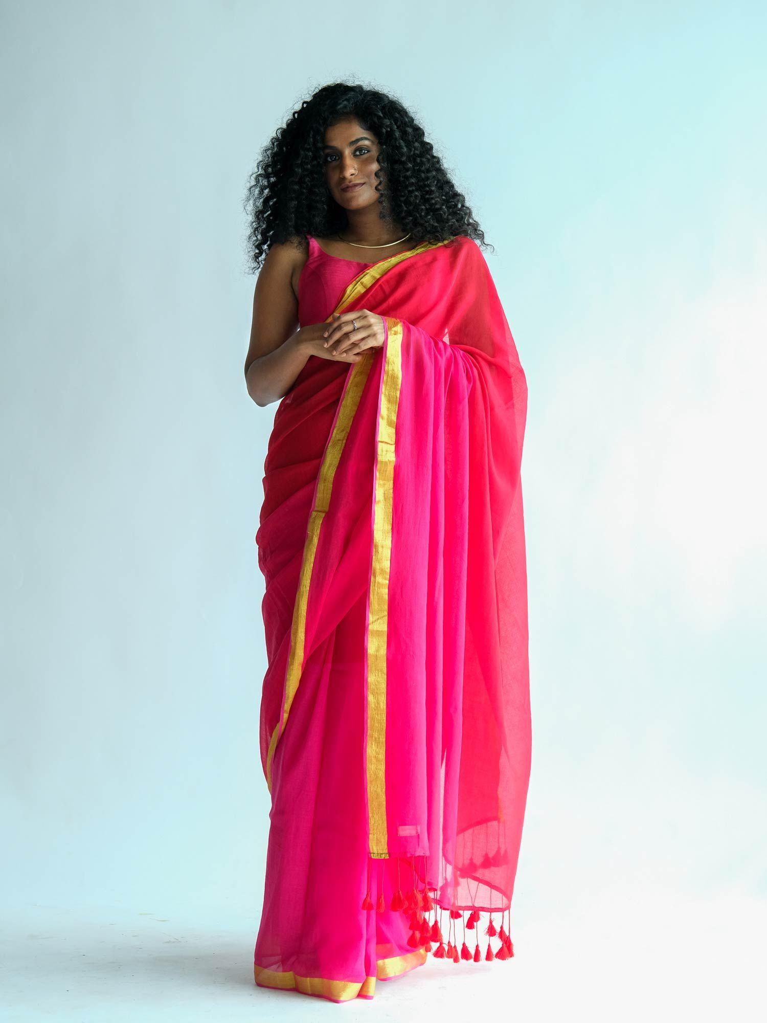 solid pink zari saree