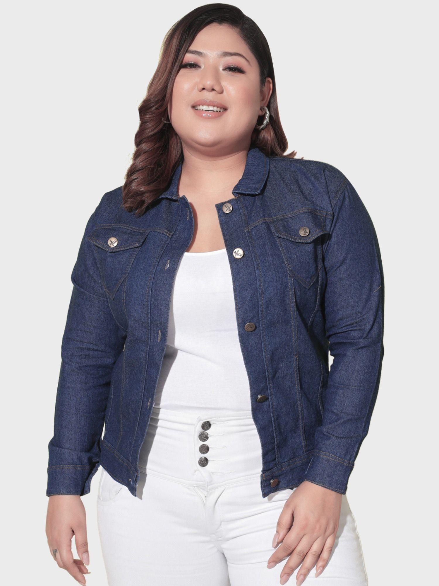 solid plus size dark blue women denim jacket