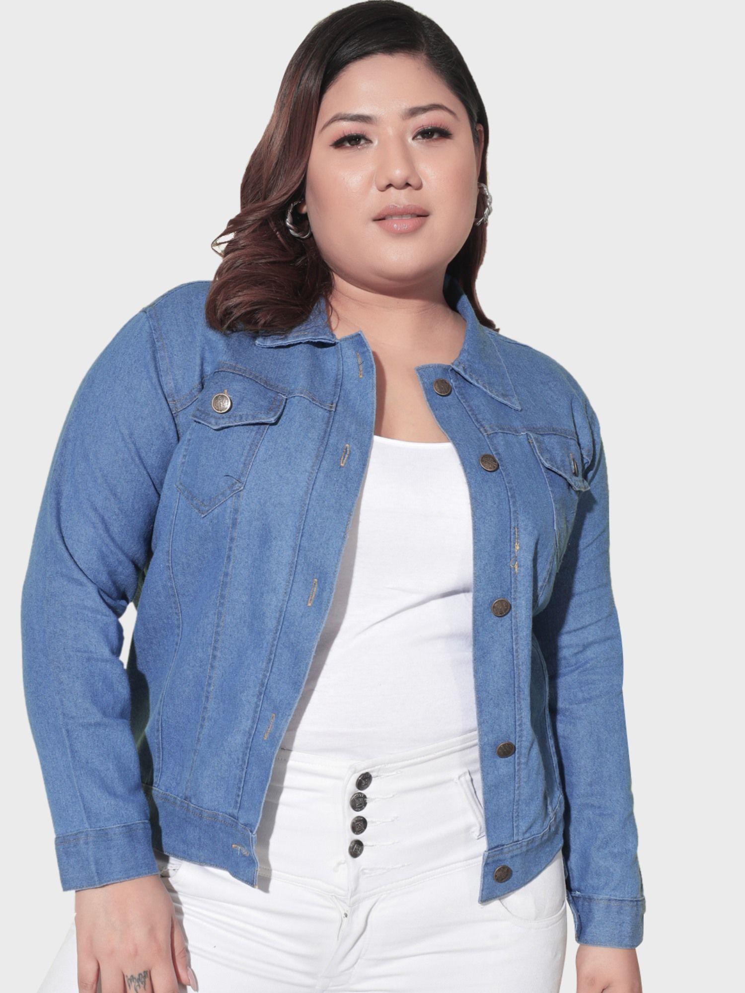 solid plus size light blue women denim jacket