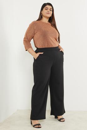 solid plus size polyester blend straight fit women's culottes - black