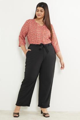 solid plus size polyester blend straight fit women's pants - black