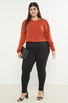 solid plus size slim fit tummy tucker women's treggings - black