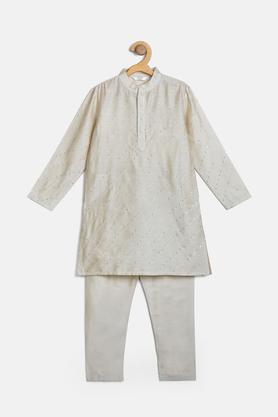 solid poly blend  mandarin boys kurta pyjama set - natural