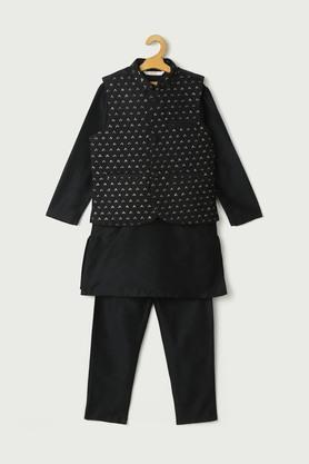 solid poly blend mandarin boy's kurta pyjama jacket set - navy