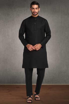 solid poly blend regular fit men's kurta set - black