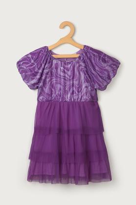 solid poly blend round neck girls dress - lilac