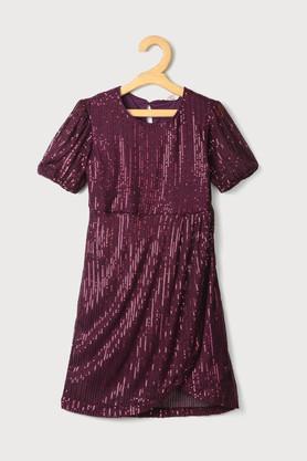 solid poly blend round neck girls dress - maroon