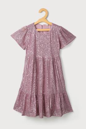 solid poly blend round neck girls dress - pink
