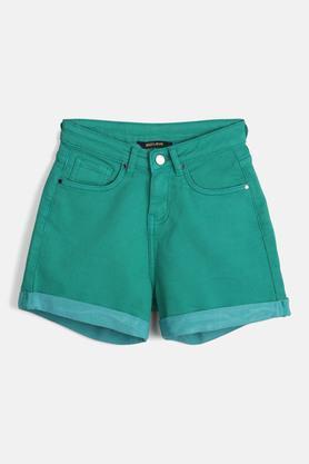 solid poly cotton regular fit girls shorts - green