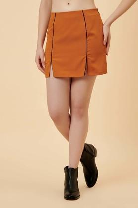 solid polyester above knee womens casual skirt - yellow