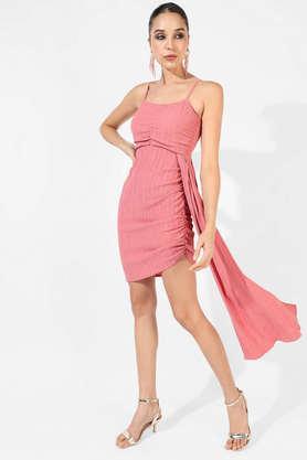 solid polyester blend boat neck women's ruched dress with trail - pink