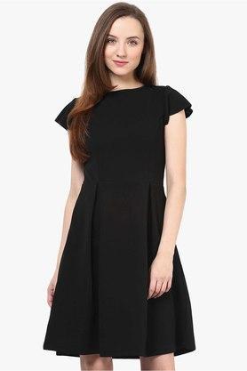 solid polyester blend boat neck womens flared dress - black