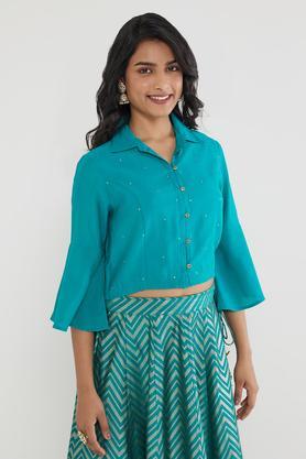 solid polyester blend collared women's top - turquoise