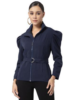 solid polyester blend collared women's zipper jacket - blue