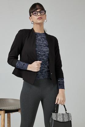 solid polyester blend full sleeves women's jacket - black