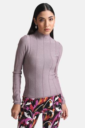 solid polyester blend high neck women's pullover - prune