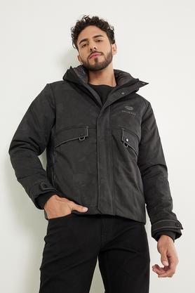 solid polyester blend hood men's casual jacket - black