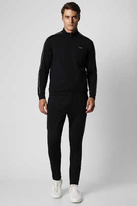 solid polyester blend regular fit men's tracksuit - black