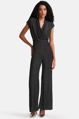 solid polyester blend regular fit women's ankle length jumpsuit - black mix