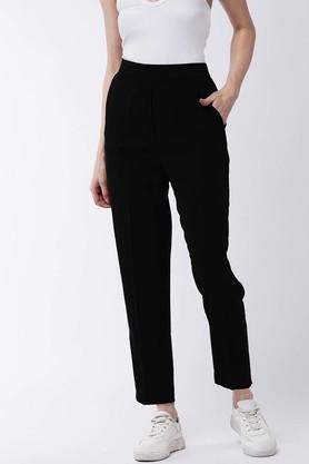 solid polyester blend regular fit women's casual pants - black