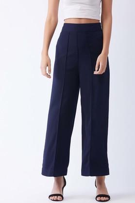 solid polyester blend regular fit women's casual pants - blue