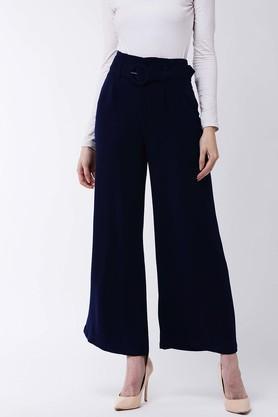 solid polyester blend regular fit women's casual pants - blue