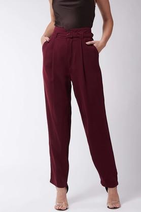 solid polyester blend regular fit women's casual pants - maroon