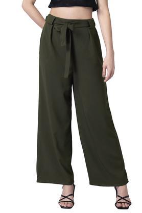 solid polyester blend regular fit women's leg pants - green