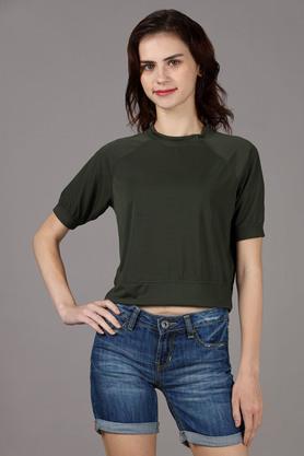 solid polyester blend round neck women's regular t-shirt - olive