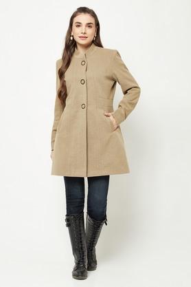 solid polyester blend round neck womens over coat - brown