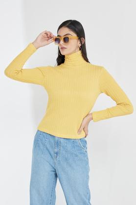 solid polyester blend turtle neck women's t-shirt - yellow